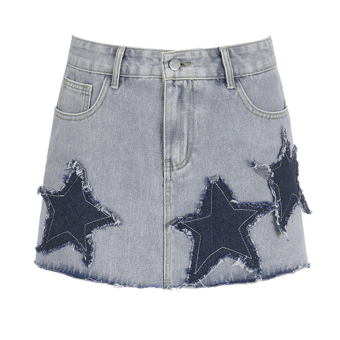 Asymmetric XINGX Patch Burrs A  Line Denim Skirt Pure Sweet Short Skirt Winter