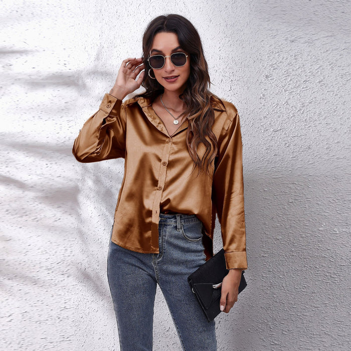 Popular Satin Shirt Women Artificial Silk Long Sleeve Shirt Autumn Women Clothing