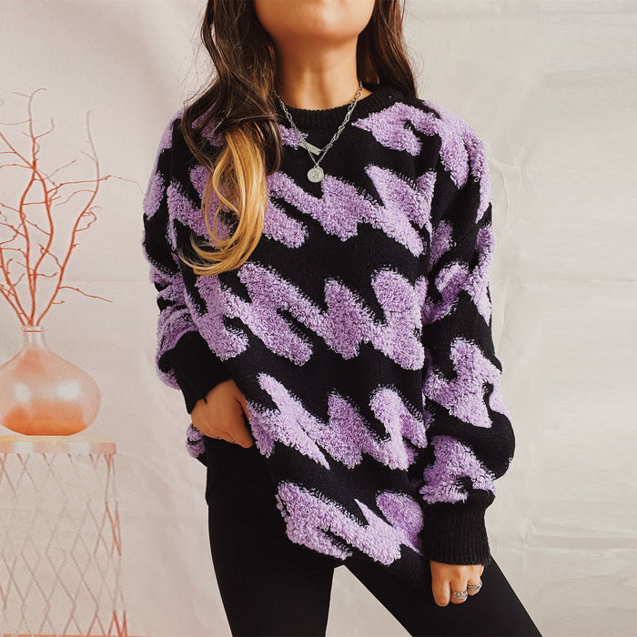 Autumn Winter Loose Thickened Wave Striped Flocking round Neck Long Sleeve Knitted Sweater Pullover