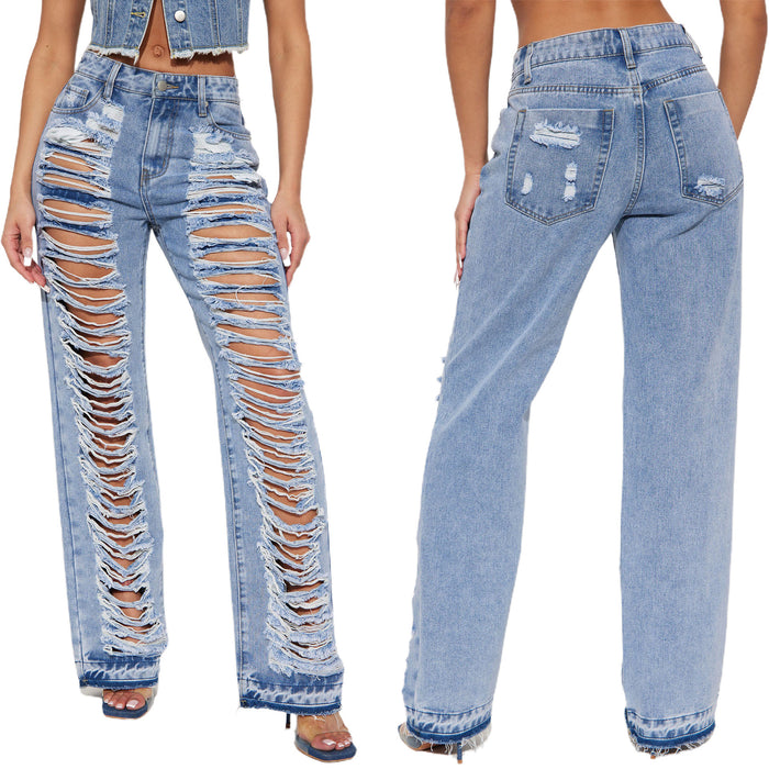 Ripped Slightly Flared Jeans Women High Waist Ripped Casual Trousers Stretchy Burr Jeans