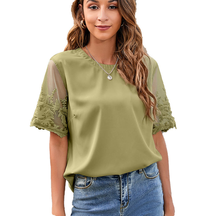 Women Clothing round Neck Lace Shirt Chiffon Blouse Women Top