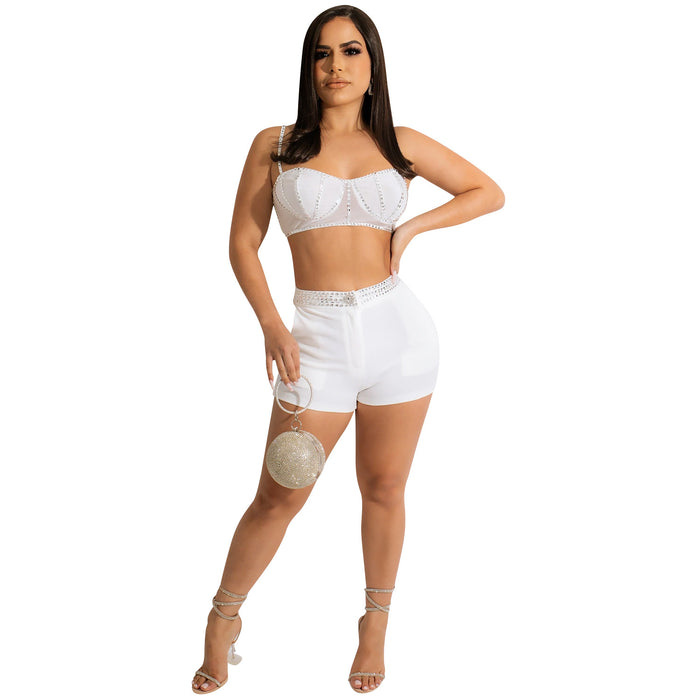 Strap Zipper Chest Wrap Vest Shorts Two Piece Set