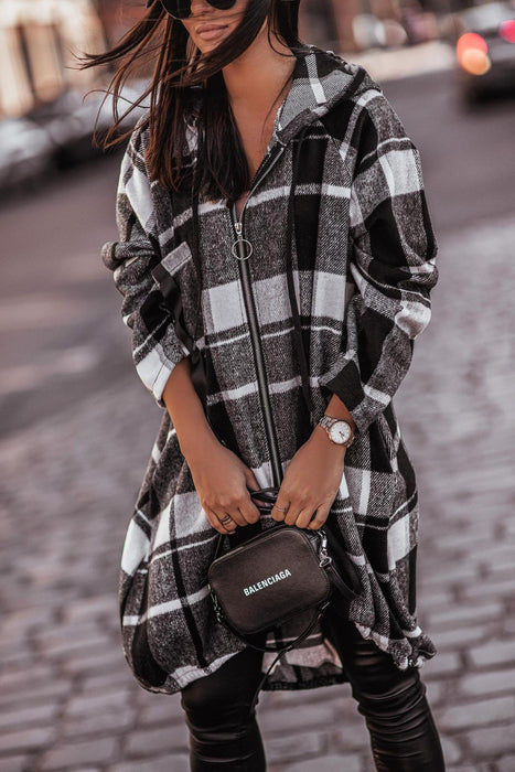 Printed Plaid Zipper Casual Mid Length Hooded Coat Shirt Women