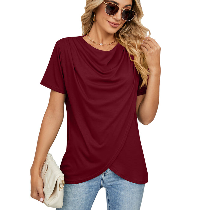 Summer Solid Color round Neck Criss Cross Loose Short Sleeve T shirt Top Women