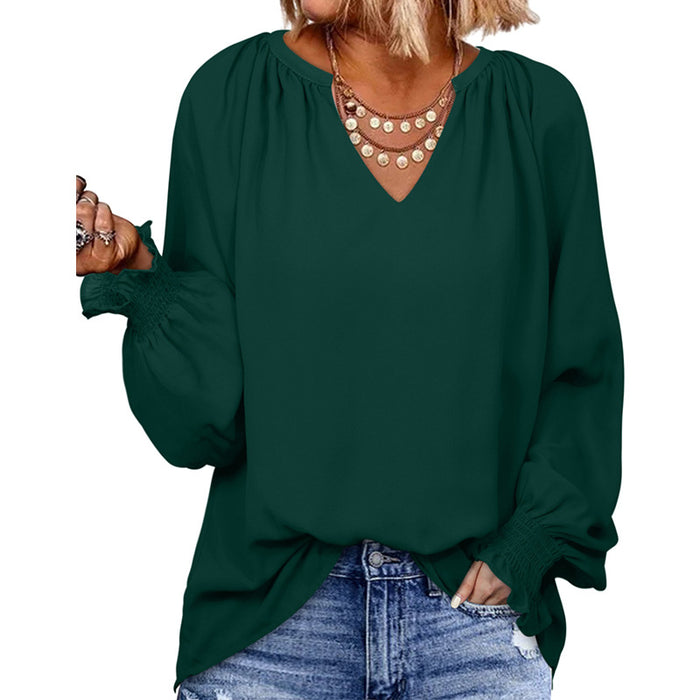 Solid Color Chiffon Shirt Women Spring Autumn New V neck Pullover Loose Fitting Long Sleeves Top Women