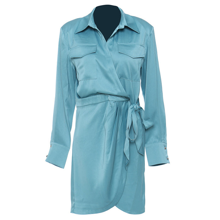 Luxury Satin Tooling Pocket Mid Length Shirt Shirt Dress for Women