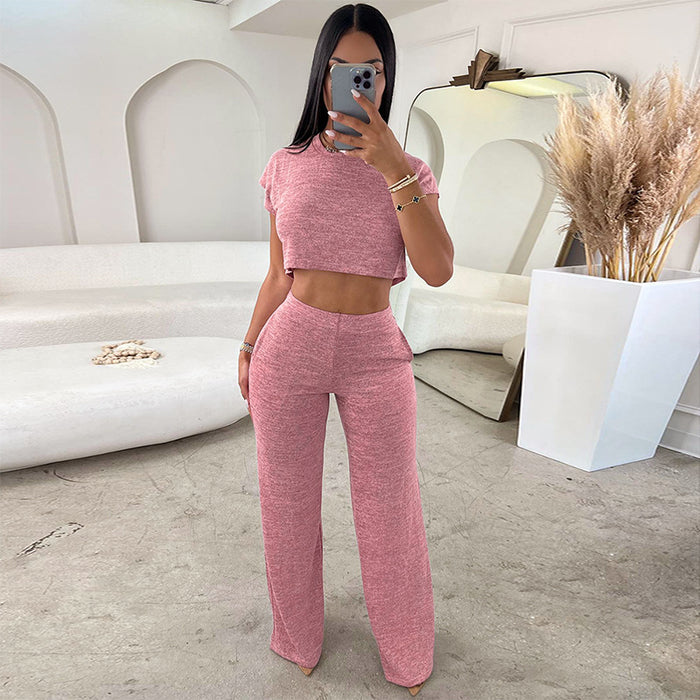 Women Clothing Autumn Loose Fitting Cropped Short Sleeve Top Trousers Casual Set