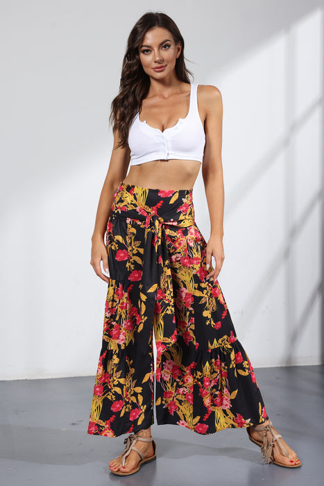 Summer New Digital Printing Women Clothing Loose Casual Cropped Pants Beach Wide-Leg Pants Lace-up Pants