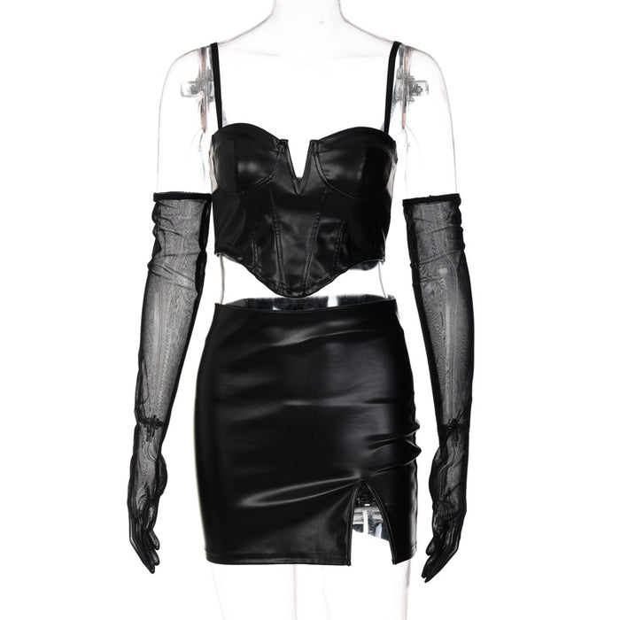 Autumn Winter Women Clothing Faux Leather Sling Tube Top Short Vest Sexy Sheath Skirt Outfit