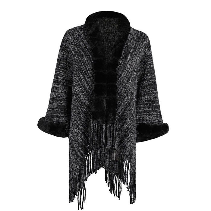 Autumn Winter Tassel Cape Shawl Sweater Women Fur Collar Cardigan Coat