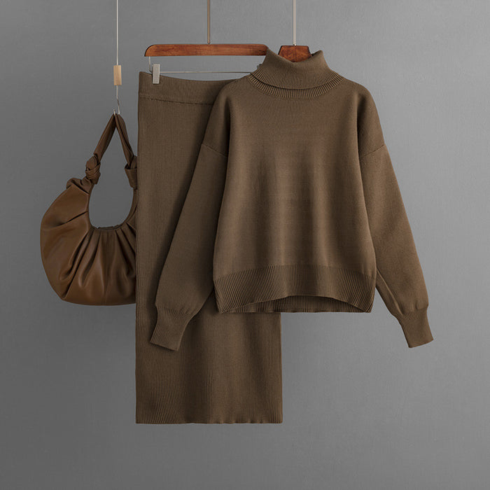 Knitting Suit Women Autumn Winter Solid Color Turtleneck Sweater Sheath Skirt Two Piece Set