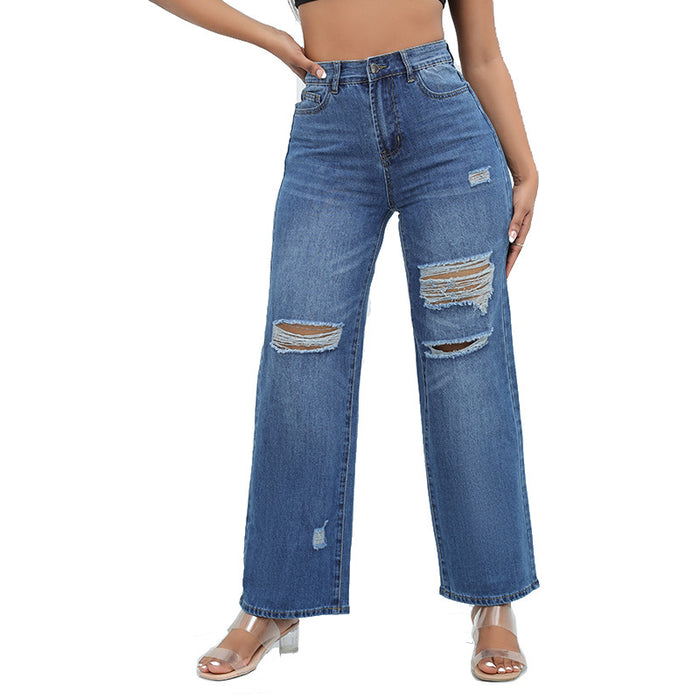 Jeans Water Washed Hole Wide Leg Jeans Women