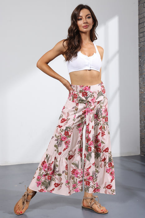 Summer New Digital Printing Women Clothing Loose Casual Cropped Pants Beach Wide-Leg Pants Lace-up Pants