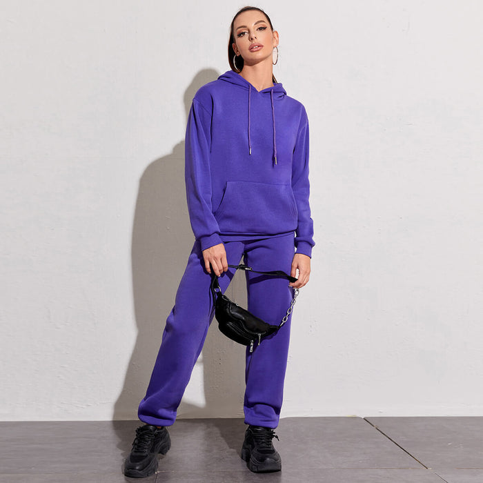 Casual Suit Fleece Drop Shoulder Solid Color Hooded Sweatshirt Sweatpants Delivery