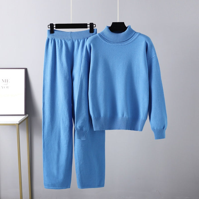 High Collar Suit Autumn Winter Solid Color All Matching Outer Wear Knitted Top Casual Pants Two Piece Set