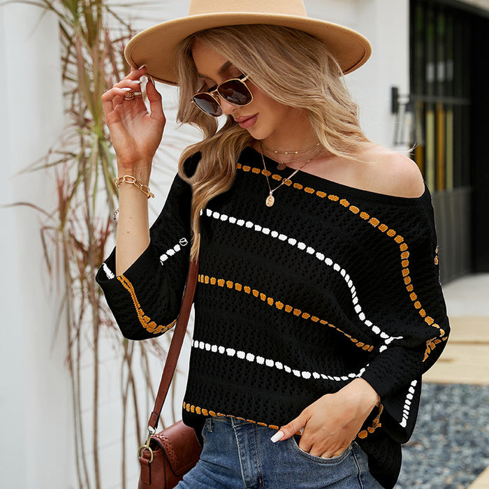 Loose Women Top Striped Knitwear off-Neck Hollow Out Hollow Out Cutout-out Knitted Sweater