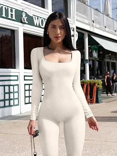 Women Jumpsuit Yoga Jumpsuit Workout Ribbed Long Sleeve Trousers Sports Jumpsuit