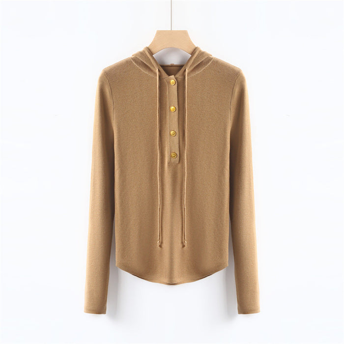 Brass Buckle Metal Texture Casual Hooded Sweater Women Autumn Winter Undershirt Woolen Sweater