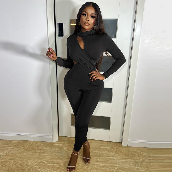 Sexy Cutout Solid Color round Neck Pullover Long Sleeve One Piece Trousers Tight Fitness Jumpsuit for Women