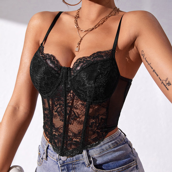 Sexy Lace Steel Ring Diamond Boning Corset Cropped See through Sexy Decoration Vest for Women