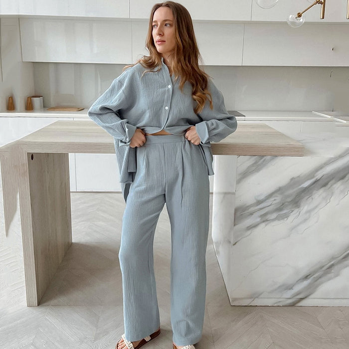 Autumn Shirt Pajamas Double Crepe Loose Long Sleeve Trousers Fashionable Support Outer Wear Ladies Homewear