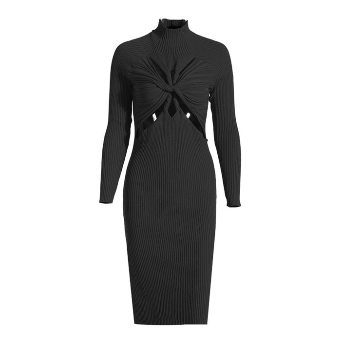 Design Sexy Cutout Twisted Knitted Dress Autumn Half Turtleneck Slim Fit Slimming Long Sleeves Dress