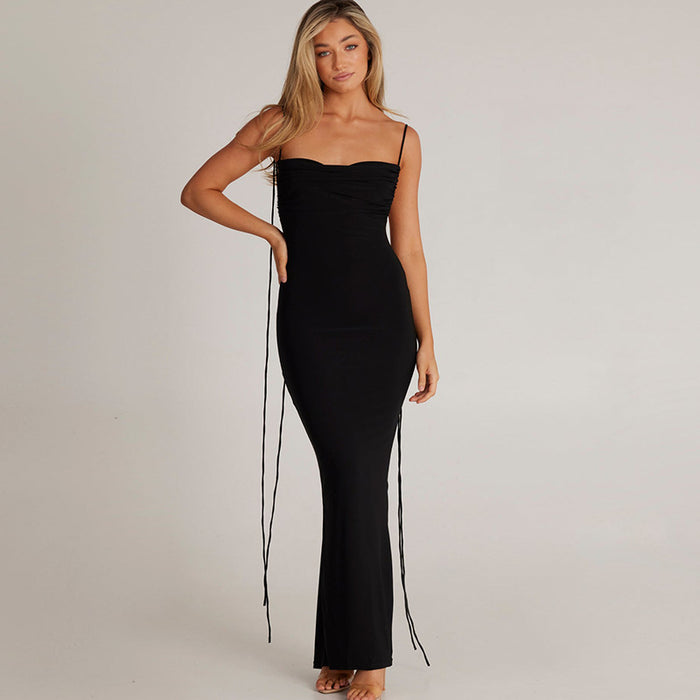 Solid Color Sexy Backless Pleated Long Elegant Slim Strap Dress for Women