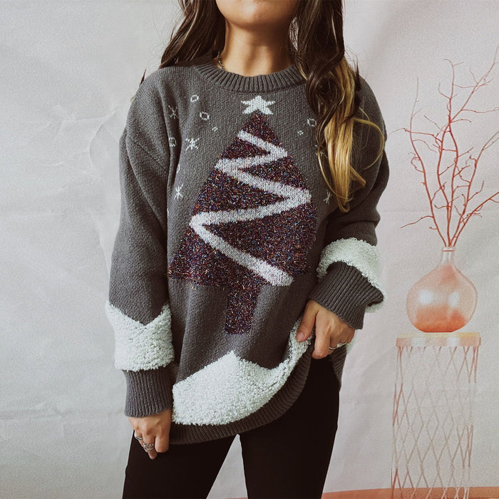 Christmas Sweater Christmas Tree Gold Line Flocking round Neck Long Sleeve Loose Knitted Pullover Women