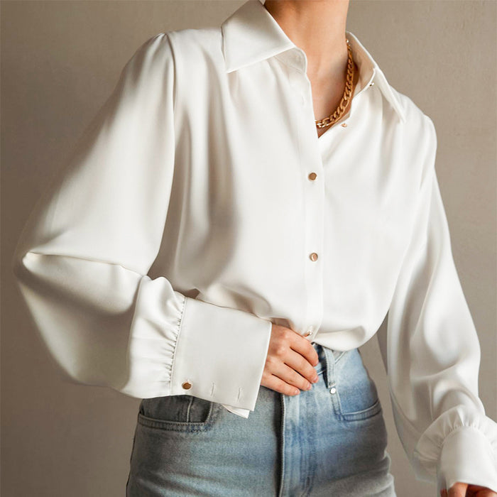 Fall Women  Clothing White with Collared Shirt High Grade Non Ironing Anti Wrinkle Office Long Sleeve Shirt Women