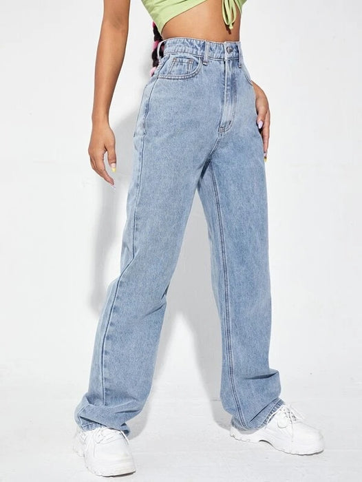 Summer Women Jeans Simple Slim Straight Light Blue Trousers