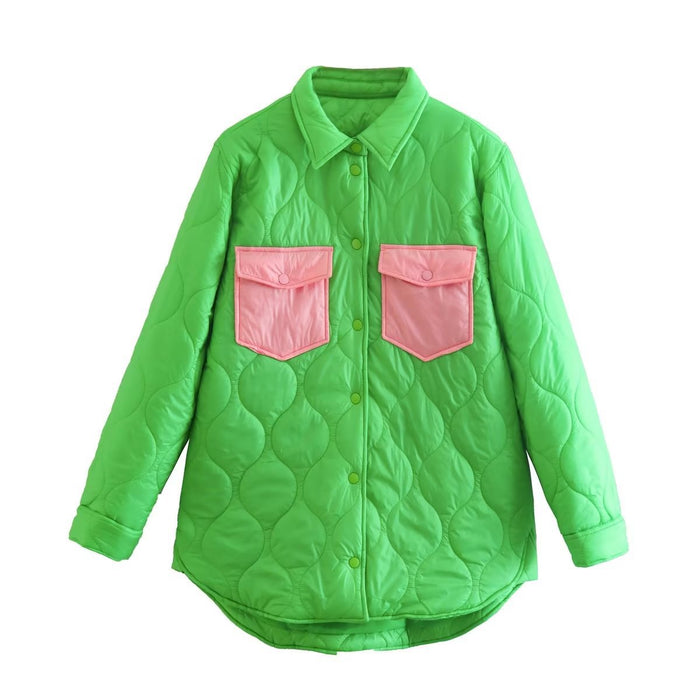 Autumn Women Loose Contrast Color Quilted Shirt Cotton Coat Jacket