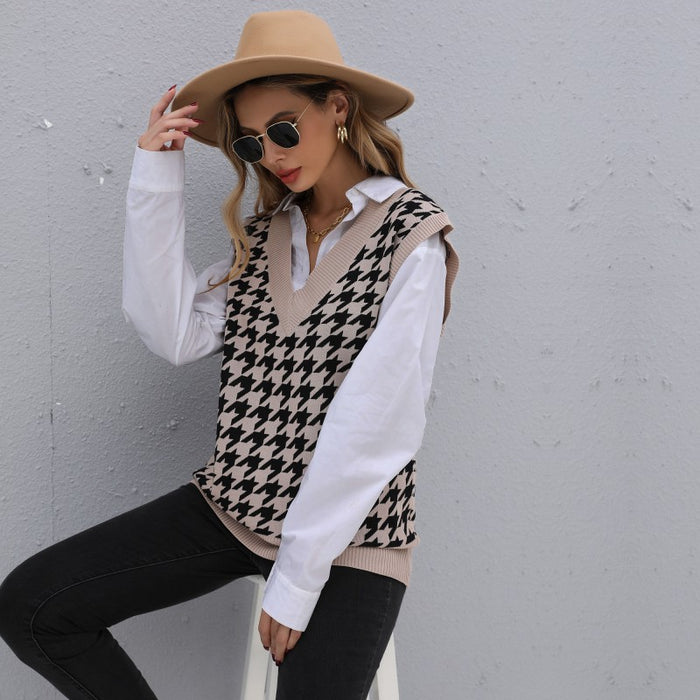 Early Autumn Women Wear Mid Length Houndstooth Sweater Vest for Women