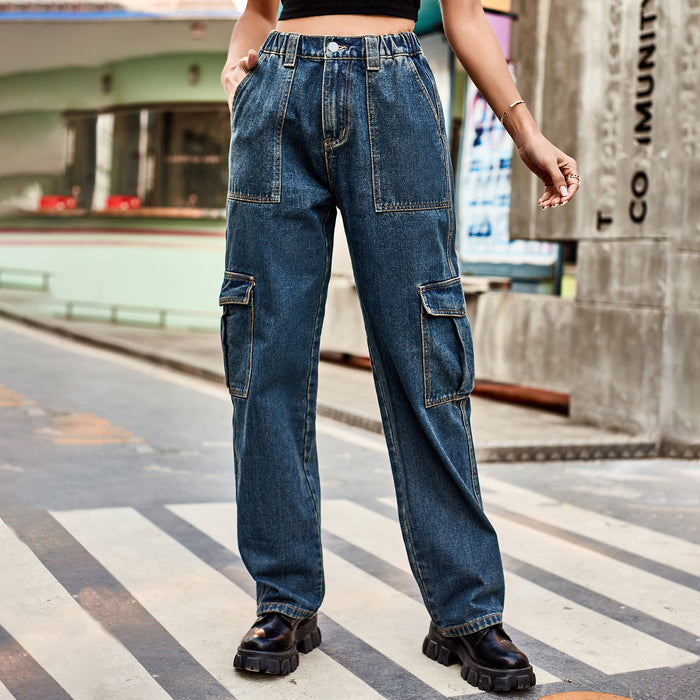 Washed Semi Elastic Design Personality Denim Cargo Pants Casual Pants Women