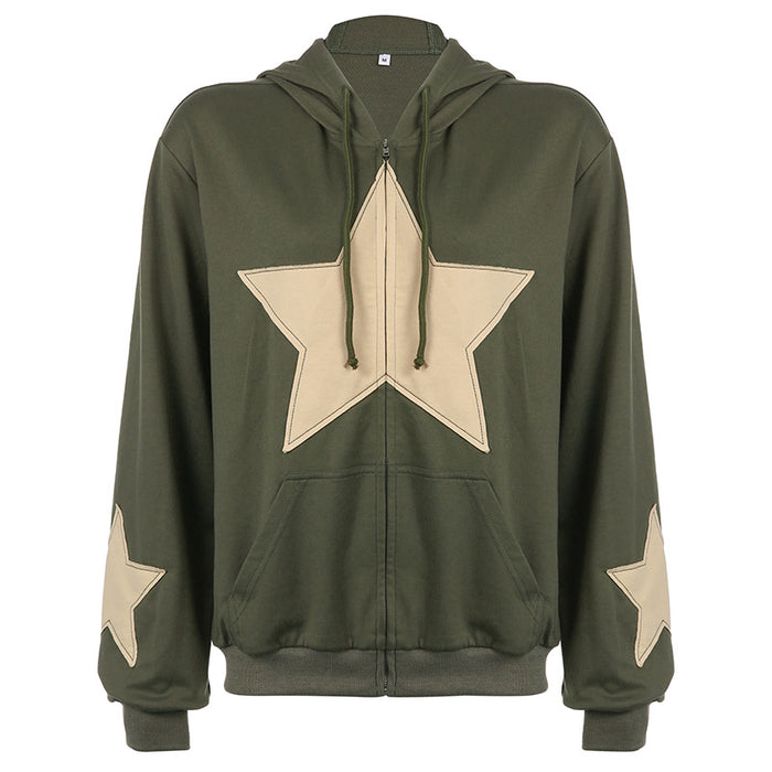 Street Five Pointed Star Patch Zipper Large Pocket Hooded Loose Large Hoody Autumn Winter Casual Coat