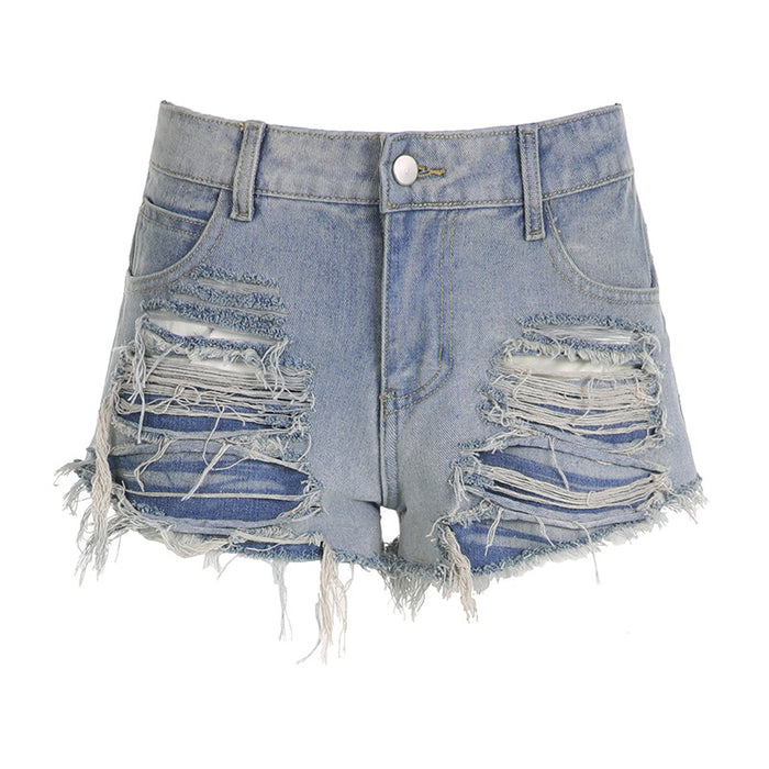 Niche Design Trendy Unique Women Ripped Loose Burrs Casual Sexy Denim Shorts