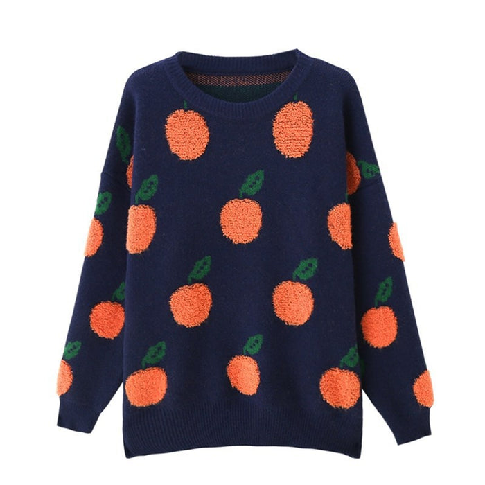 Autumn Winter Casual Loose Orange Pattern round Neck Long Sleeve Knitted Pullover Sweater Women