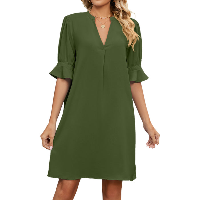 Summer Solid Color V neck Loose Pleated Half Length Sleeve Dress Women