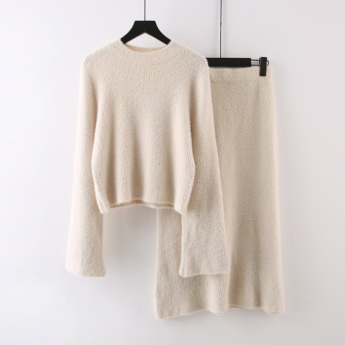 Autumn Winter French Retro Gentle Socialite Anti Aging Elegant Furry Sweater Skirt Set Women