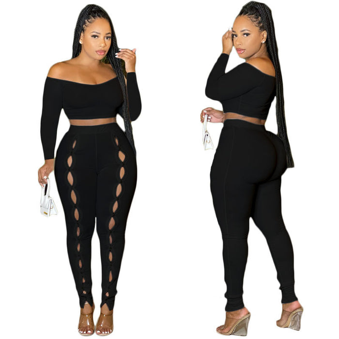 Women Clothing Autumn Sexy Solid Color off Shoulder Hollow Out Cutout Cropped Two Piece Set