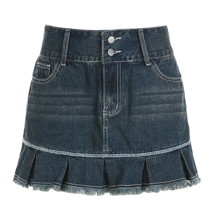 Millennium Sexy Retro Blue Distressed High Waist Denim Skirt Frayed Stitching Contrast Colors Slimming Pleated Skirt