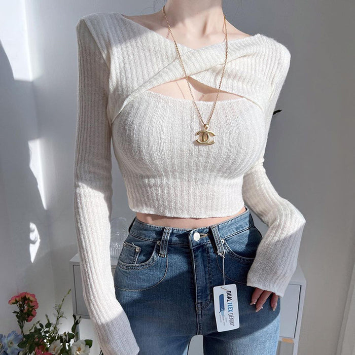 Knitted Twisted Hollow Out Cutout Long Sleeved Top Fall Women Clothing Fashionable Casual Slim Bottoming Shirt for Women