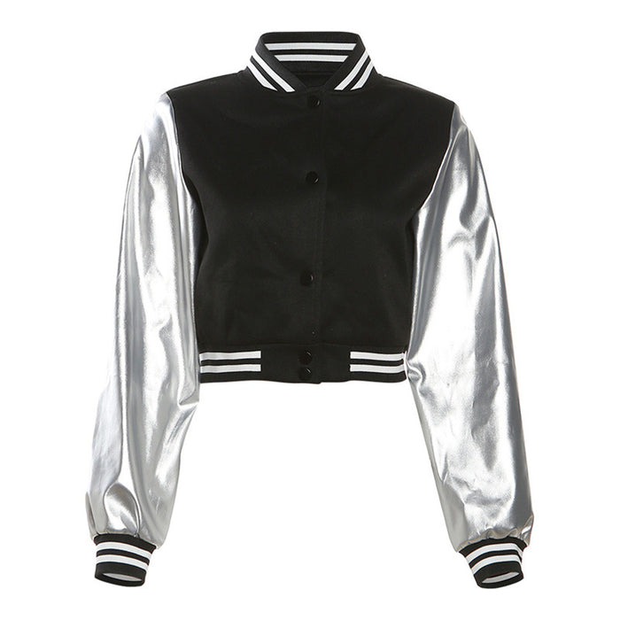 Metallic Coated Fabric Fall Women Clothing Embroidery Stitching Slim Jacket Varsity Jacket Jacket