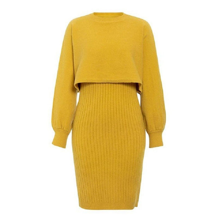 Knitted Two-Piece Classic High Waist Pullover Knitwear Half-Length Office Solid Color Dress