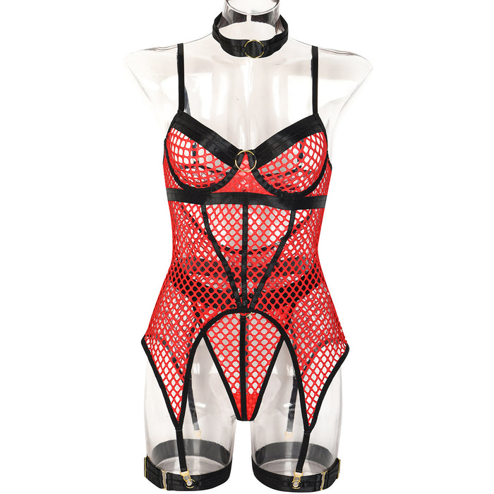 Sexy Skirt Three Piece Set At Large Mesh Stitching with Steel Ring Halter Leg Ring Underwear