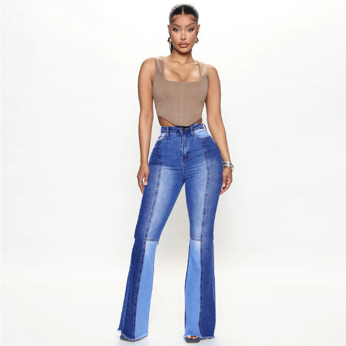 Frayed Flared Pants Women Color Matching Office High Waist Trousers Washed Stretch Jeans