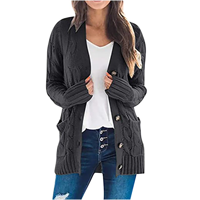 Autumn Winter Women Clothing Casual Cardigan Coat Solid Color Twist Button Cardigan Sweater Women