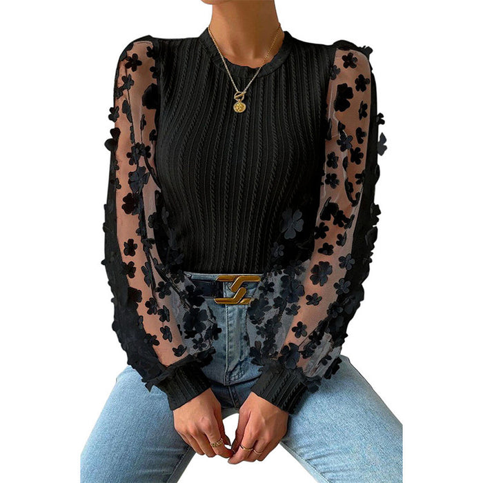 Women Mesh Small Floral Chiffon Shirt Women Spring Summer round Neck Slimming Pullover Long Sleeve Top