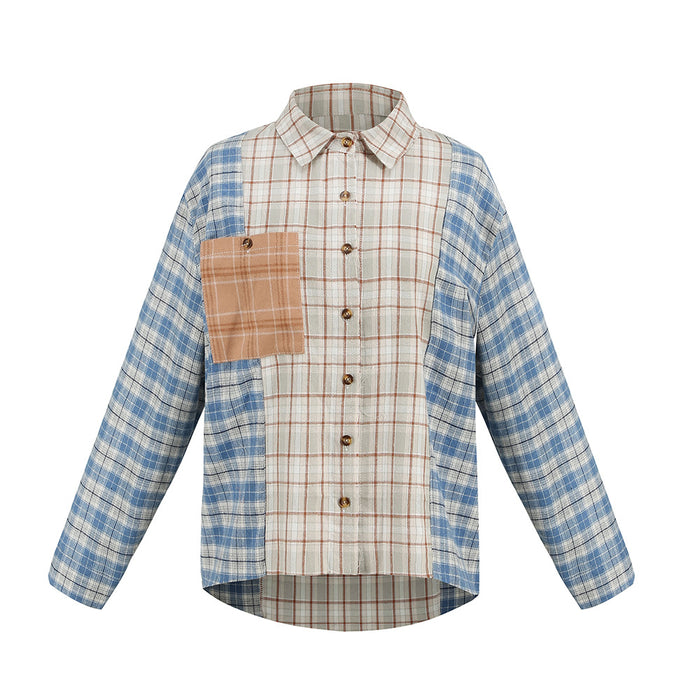 Spring Autumn Polyester Cotton Plaid Multi-Color Mosaic  Cardigan Single-Breasted Shirt