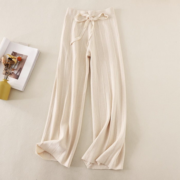 Knitted Thick Wide Leg Pants Women Autumn Winter High Waist Loose Drooping Straight Casual Long Pants Loose Vertical Stripes