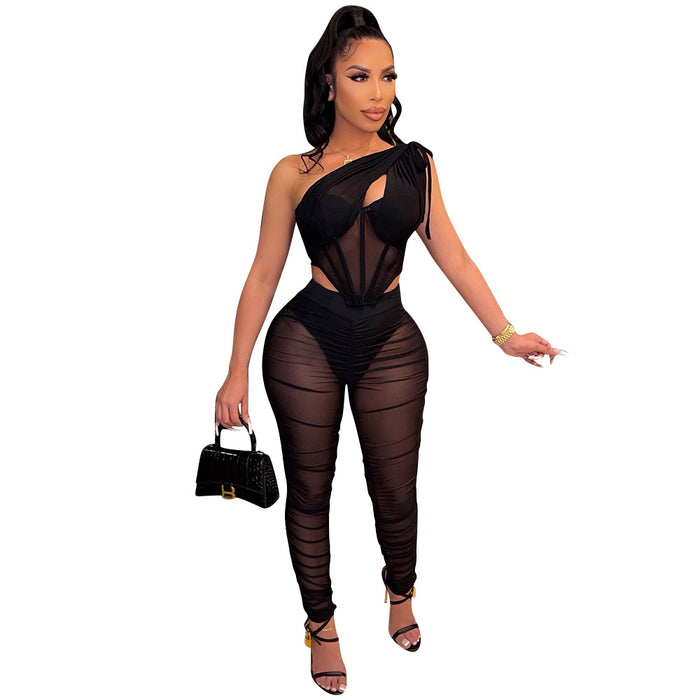 Women Clothing Sexy Mesh See-through Irregular Asymmetric Top Two-Piece Set